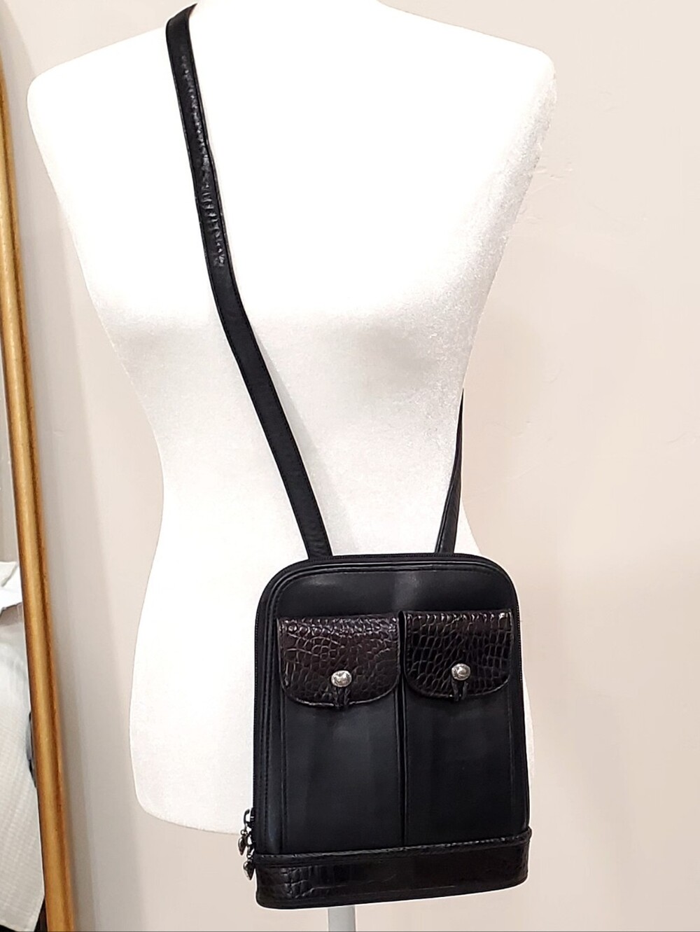 Brighton Leather Slim Crossbody Bag, Black Smooth/Contrast Croc Embossed, EUC